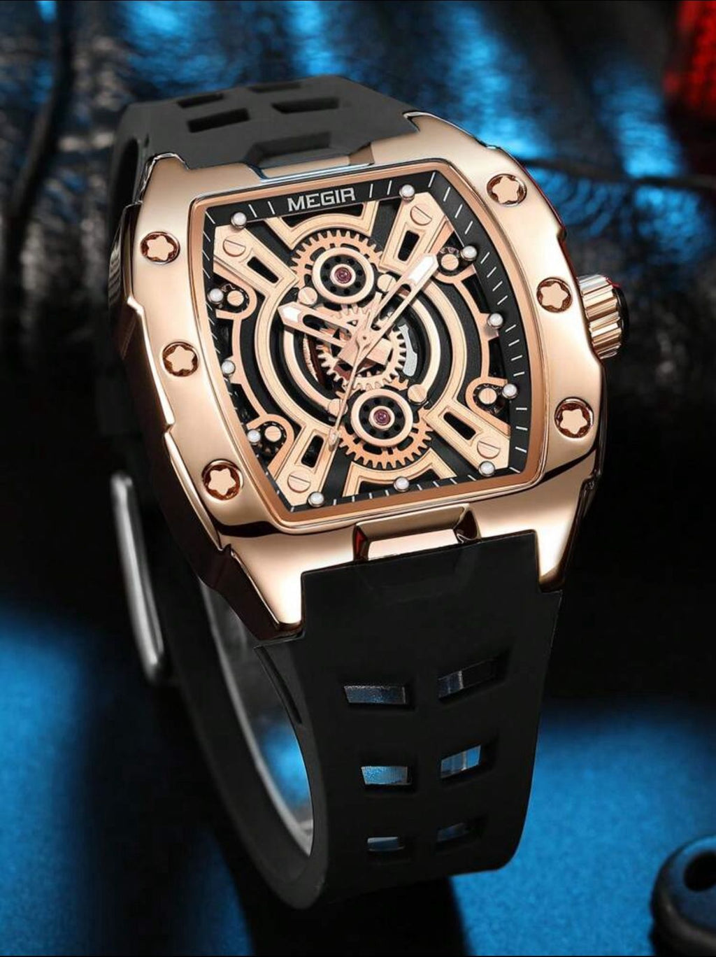 ساعة MEGIR كاجوال فاخرة للرجال – تصميم برميل، قرص مضيء، مقاومة للماء، حركة يابانية، حزام سيليكون أنيق GRR 8116