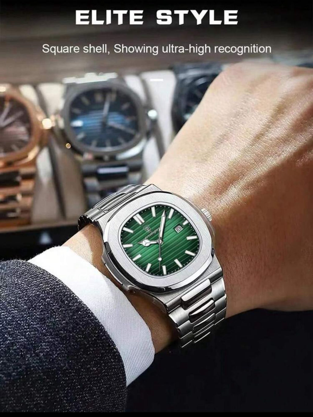 ساعة MSTIANQ رجالية فاخرة – قرص أخضر مربع، مؤشرات ماسية، مقاومة للماء، سوار فولاذ 316L، مقاس 40 مم GMG 613