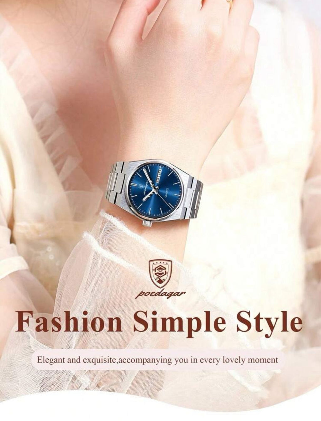 ساعة POEDAGAR نسائية أنيقة – بعرض للتاريخ والأسبوع، مضيئة ومقاومة للماء، ستانلس ستيل بلون أزرق راقٍ LSMB 786