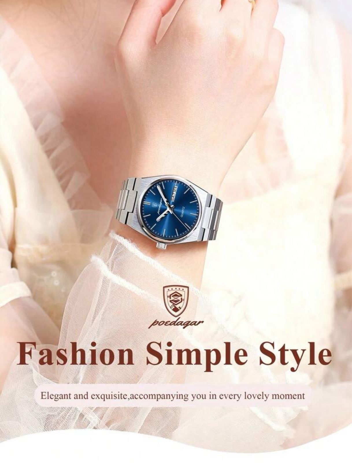 ساعة POEDAGAR نسائية أنيقة – بعرض للتاريخ والأسبوع، مضيئة ومقاومة للماء، ستانلس ستيل بلون أزرق راقٍ LSMB 786