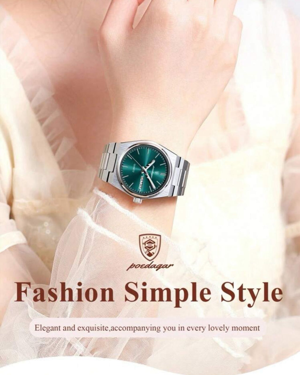 ساعة POEDAGAR نسائية أنيقة – بعرض للتاريخ والأسبوع، مضيئة ومقاومة للماء، ستانلس ستيل بلون أخضر راقٍ LSMG 786