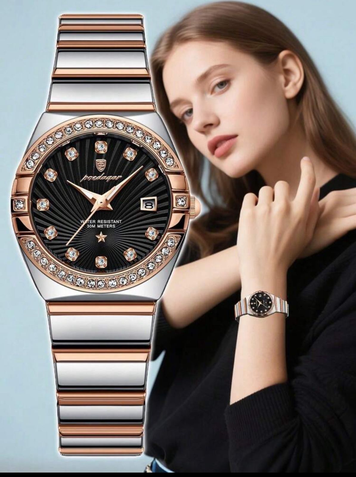 ساعة POEDAGAR نسائية فاخرة – ستانلس ستيل، إطار مرصع، عرض التاريخ، مقاومة للماء، تصميم أنيق للمناسبات والهدايا LTMB 301