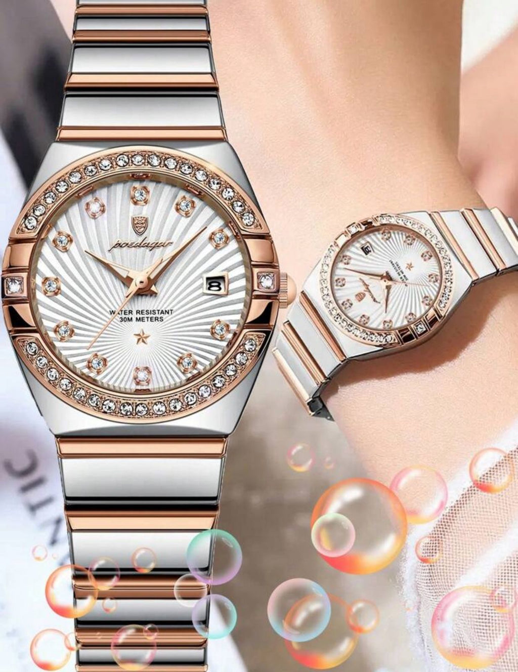 ساعة POEDAGAR نسائية فاخرة – ستانلس ستيل، إطار مرصع، عرض التاريخ، مقاومة للماء، تصميم أنيق للمناسبات والهدايا LTMW 301