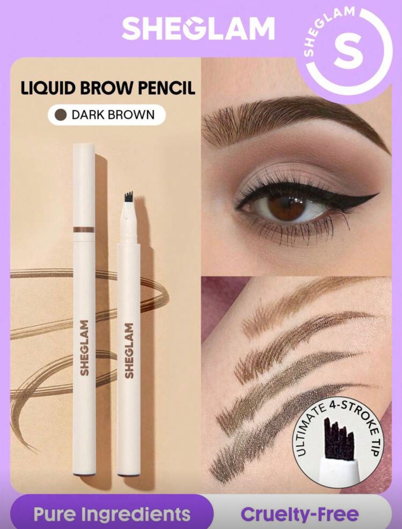 قلم حواجب سائل SHEGLAM Feather Better – بني غامق، مقاوم للماء والتلطخ