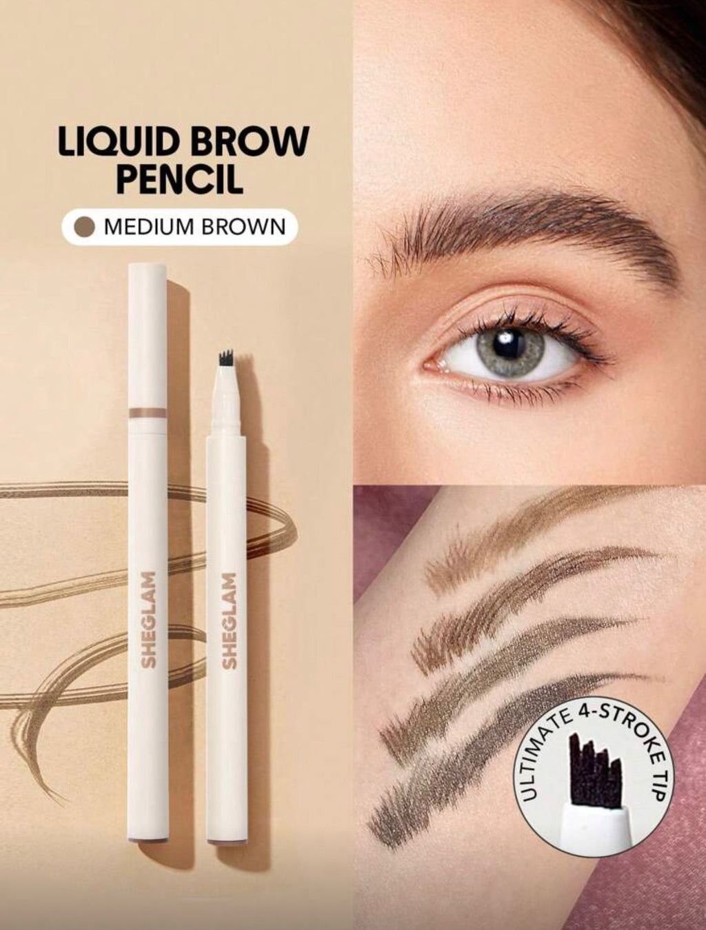 قلم حواجب سائل SHEGLAM Feather Better – بني متوسط، مقاوم للماء والتلطخ