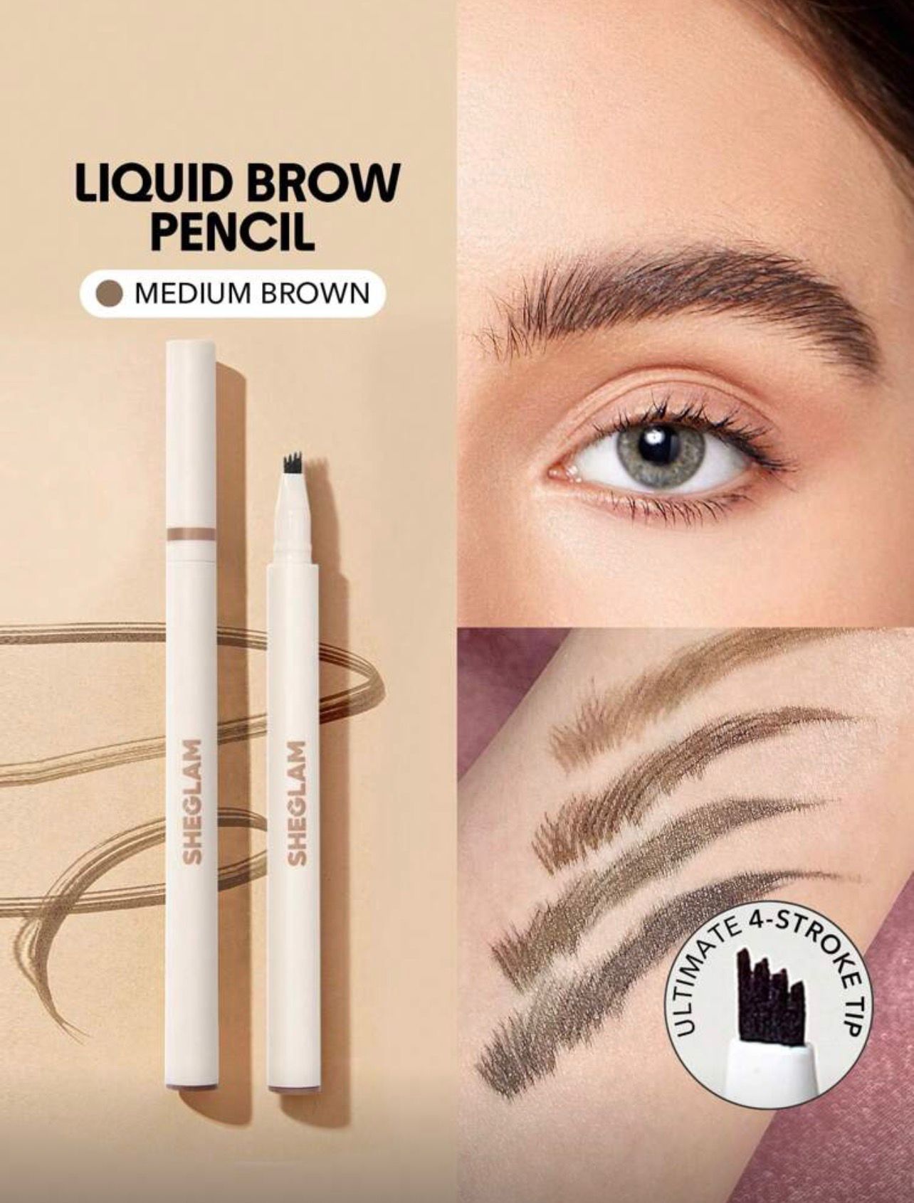 قلم حواجب سائل SHEGLAM Feather Better – بني متوسط، مقاوم للماء والتلطخ