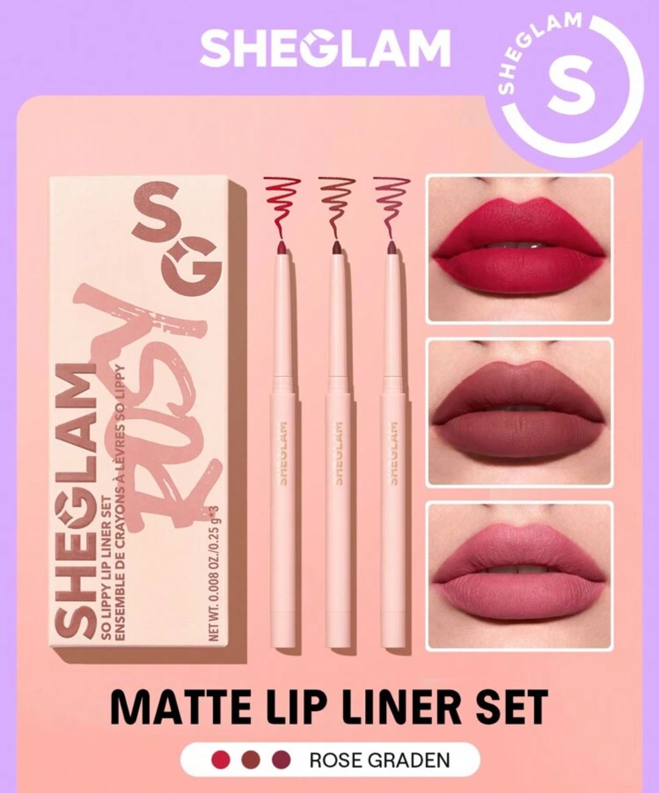 مجموعة أقلام تحديد الشفاه – So Lippy Rose Garden (3 أقلام) من شيقلام