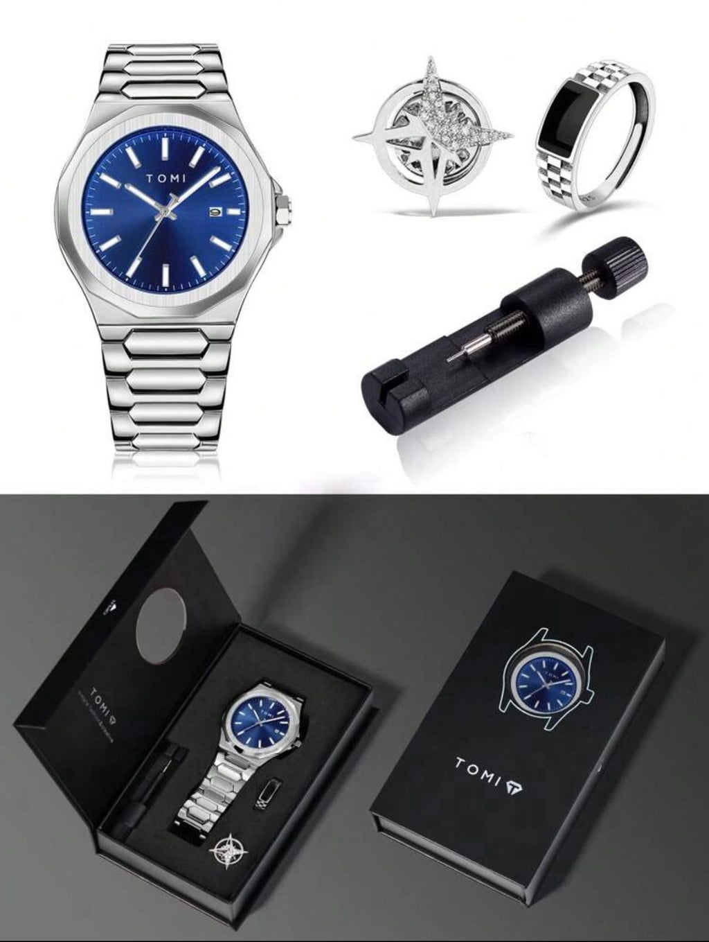 مجموعة ساعة TOMI رجالية – بطارية، مينا أزرق، مع أزرار أكمام وبروش بدلة، في علبة هدايا أنيقة GMB 301