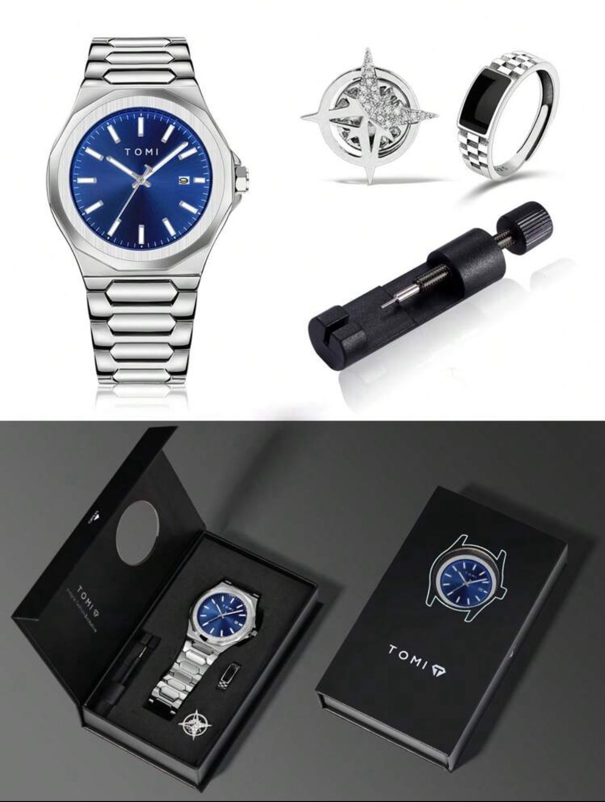 مجموعة ساعة TOMI رجالية – بطارية، مينا أزرق، مع أزرار أكمام وبروش بدلة، في علبة هدايا أنيقة GMB 301