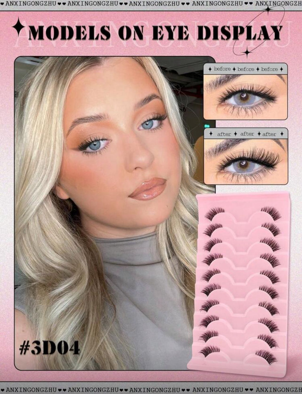 رموش نصفية بشريط شفاف – 10 أزواج قصيرة طبيعية بشكل عين القطة Y1057