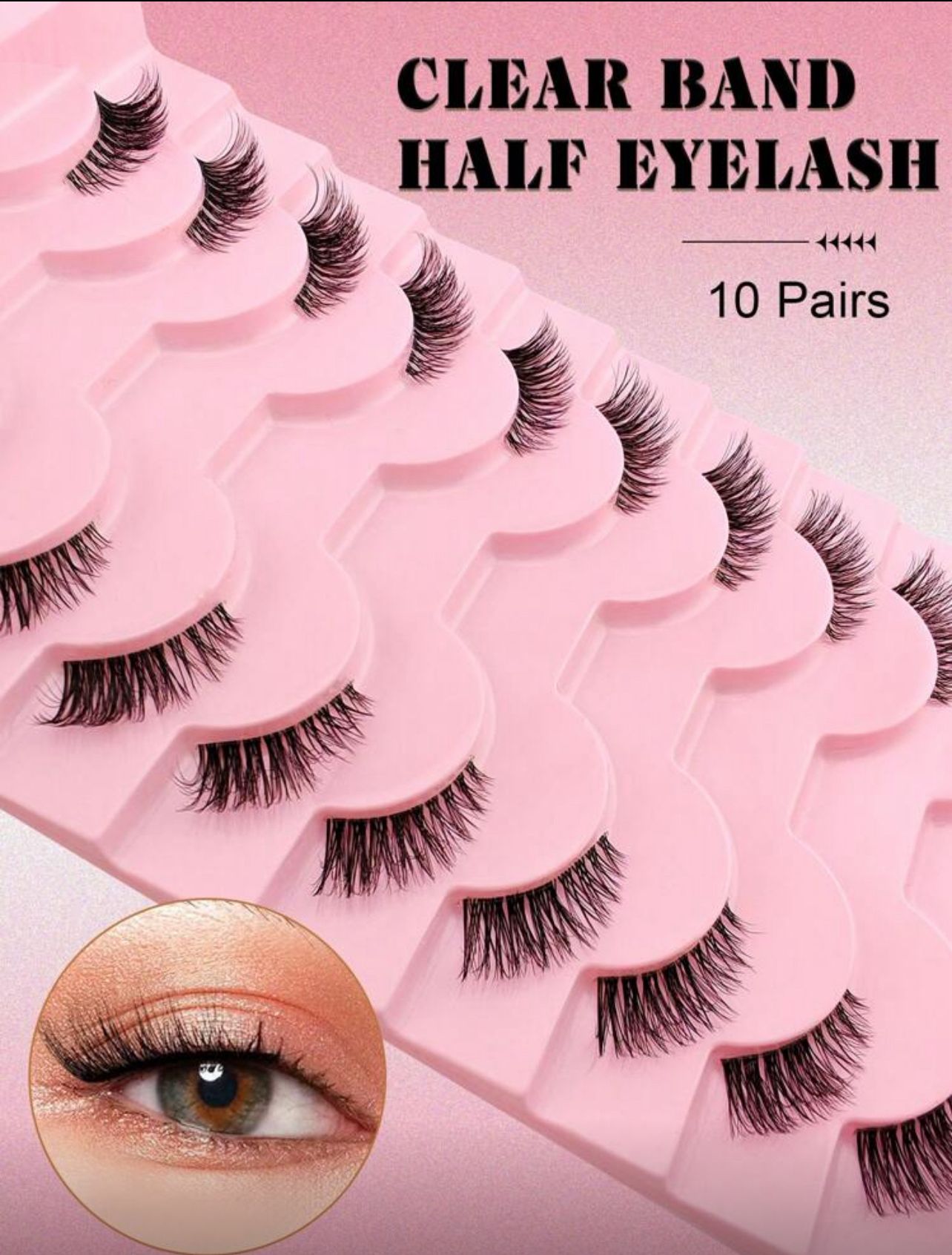 رموش نصفية بشريط شفاف – 10 أزواج قصيرة طبيعية بشكل عين القطة Y1057