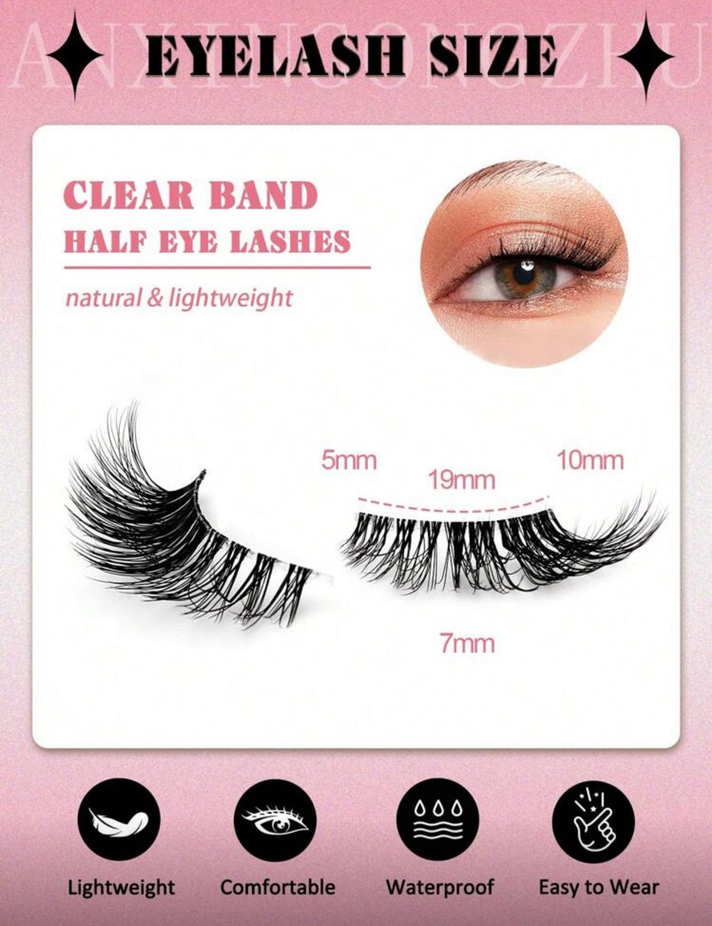 رموش نصفية بشريط شفاف – 10 أزواج قصيرة طبيعية بشكل عين القطة Y1057