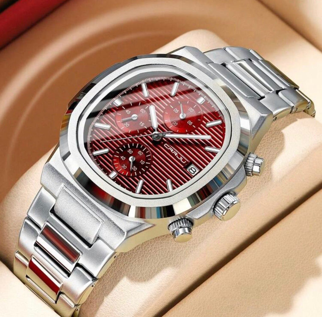 ساعة رجالية فاخرة من CRRJU  تصميم كلاسيكي بإطار ستانلس ستيل وميناء أحمر أنيق  gsmm 2319