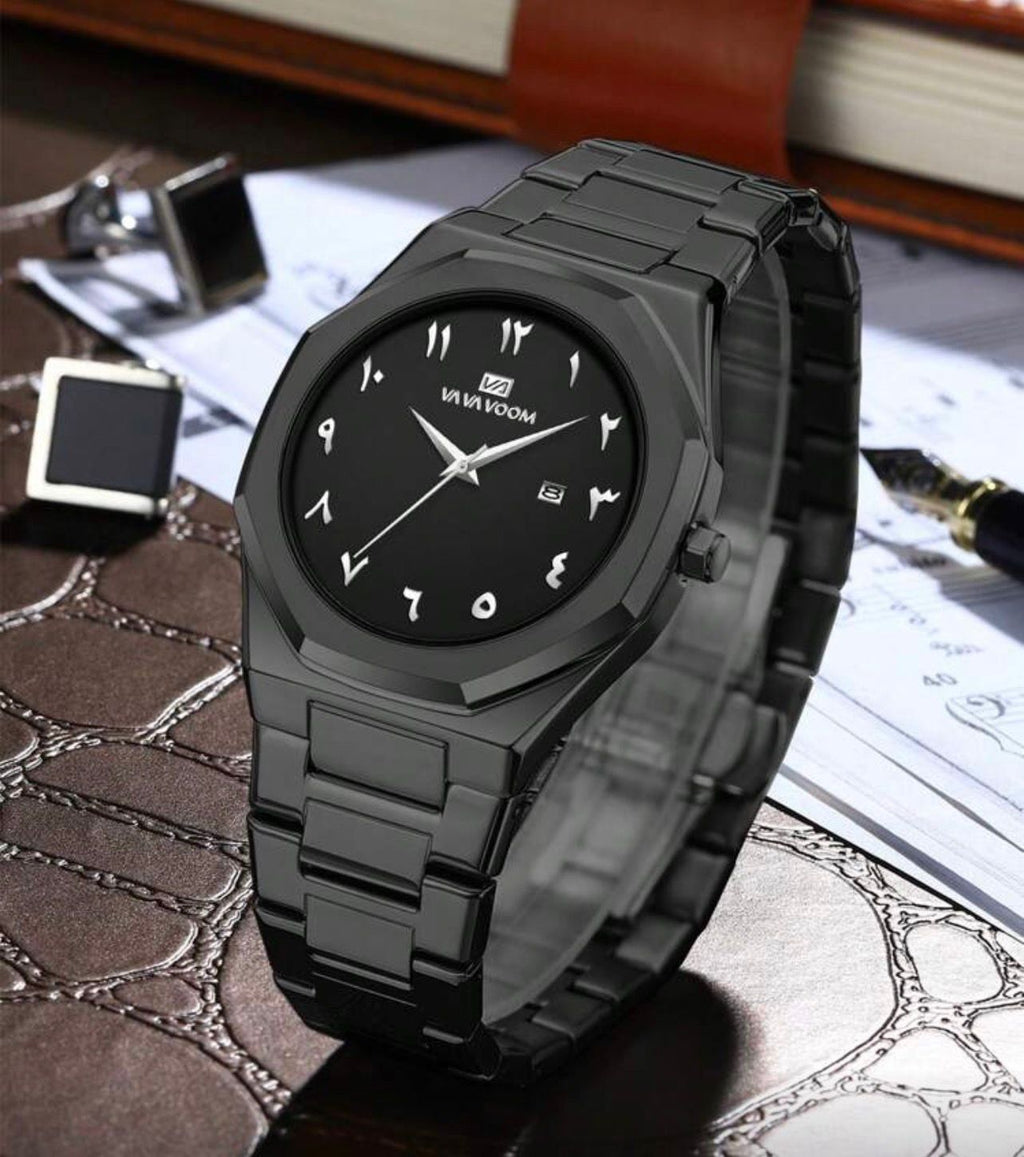 ساعة رجالية VA VA VOOM فاخرة بلون أسود بالكامل  تصميم عربي أنيق من الفولاذ المقاوم للصدأ GMBB 2931