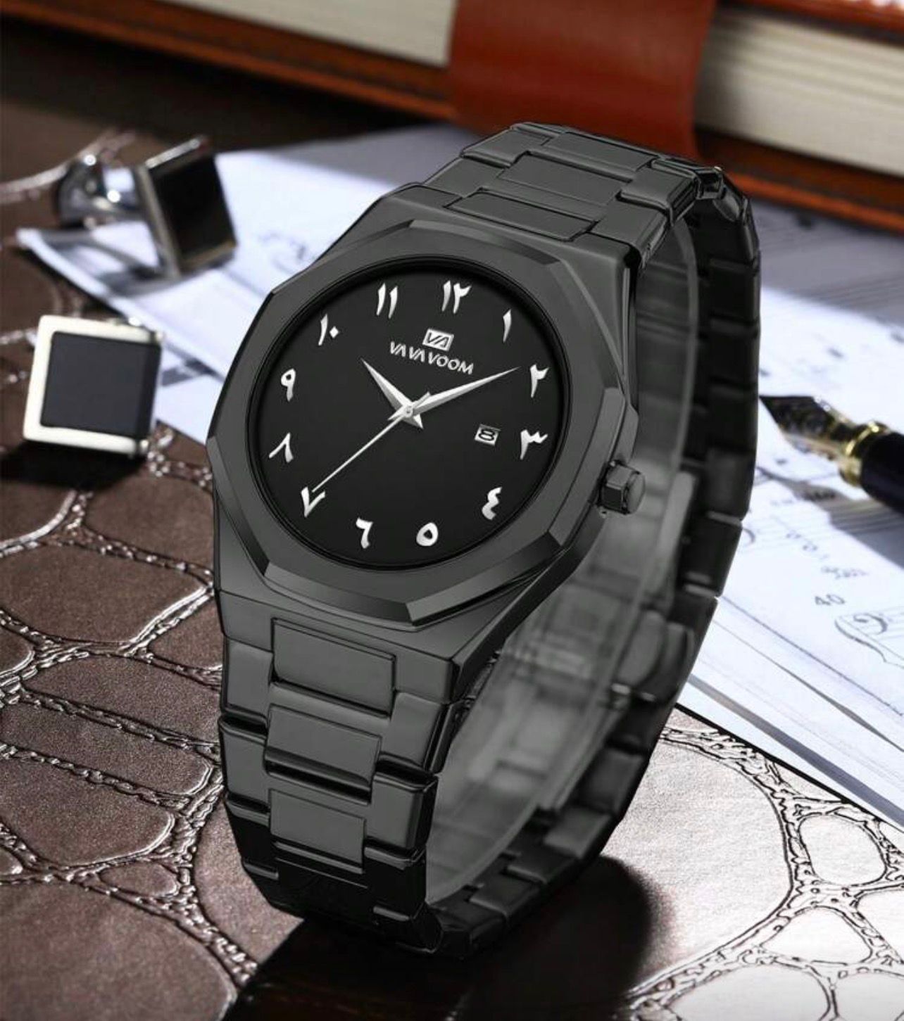 ساعة رجالية VA VA VOOM فاخرة بلون أسود بالكامل  تصميم عربي أنيق من الفولاذ المقاوم للصدأ GMBB 2931