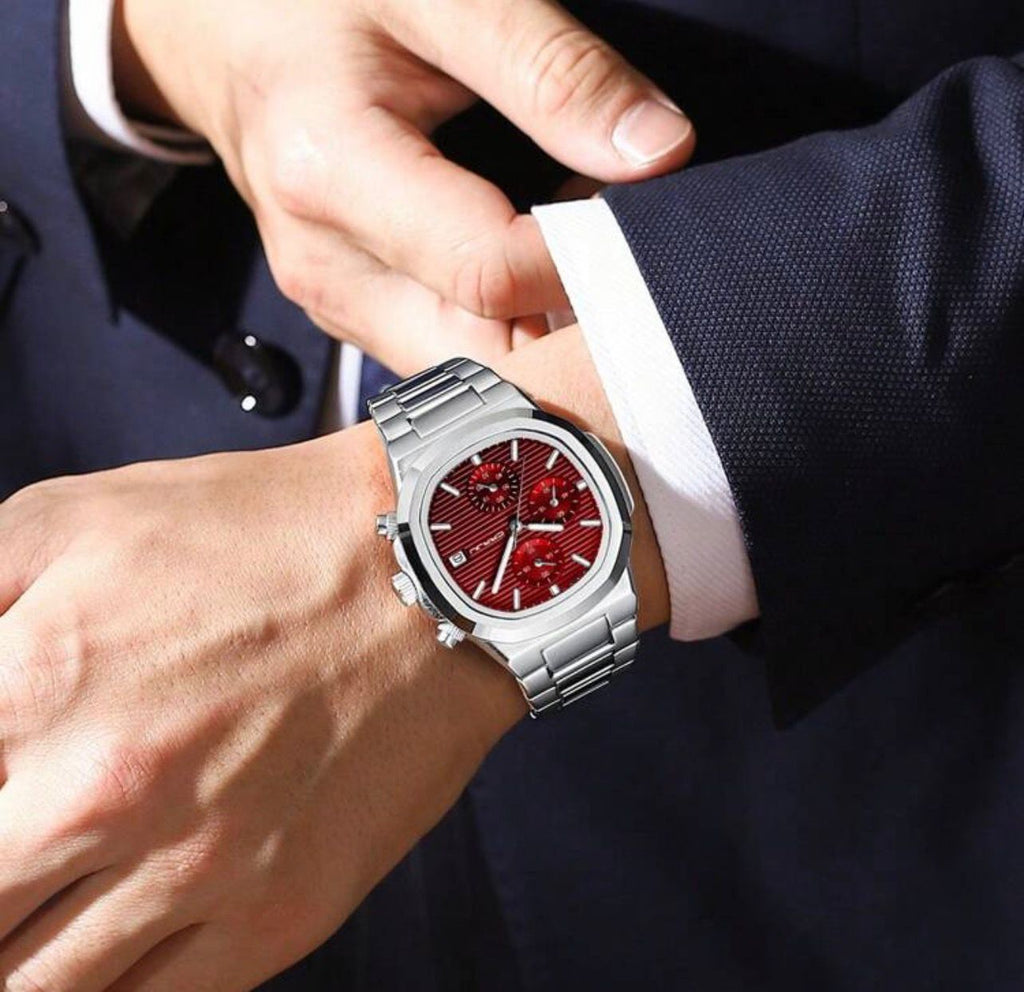 ساعة رجالية فاخرة من CRRJU  تصميم كلاسيكي بإطار ستانلس ستيل وميناء أحمر أنيق  gsmm 2319